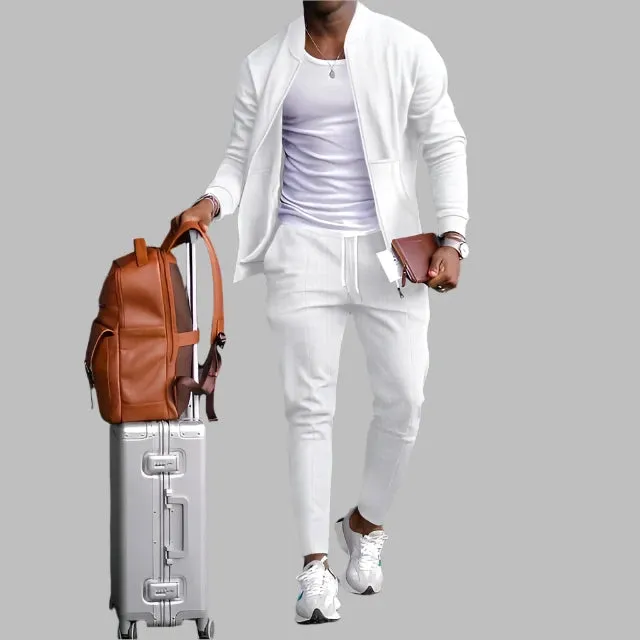 2025 Spring Men's Casual Blazer and Trousers Set - Fashionable Waffle Baseball Suit with Round Neck, Pocket, and Zipper Details