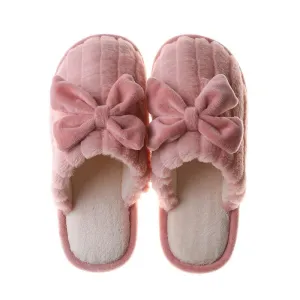 Autumn Winter Women's Cotton Thick-soled Fur Bow Indoor House Slippers