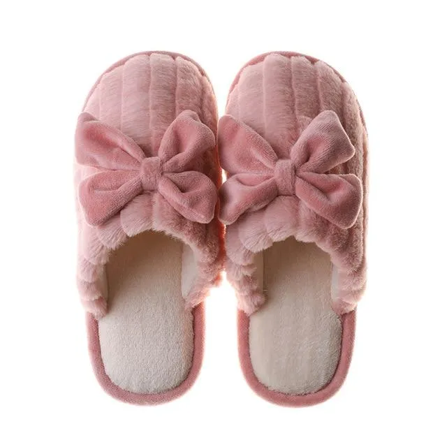 Autumn Winter Women's Cotton Thick-soled Fur Bow Indoor House Slippers
