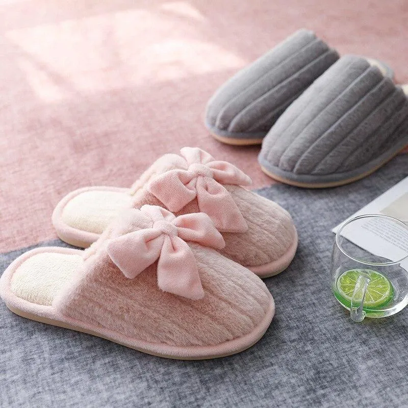 Autumn Winter Women's Cotton Thick-soled Fur Bow Indoor House Slippers
