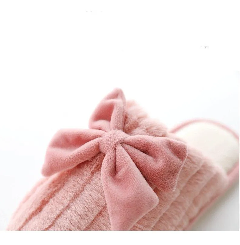 Autumn Winter Women's Cotton Thick-soled Fur Bow Indoor House Slippers