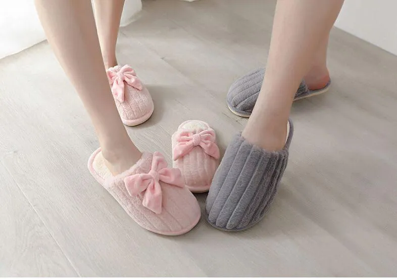Autumn Winter Women's Cotton Thick-soled Fur Bow Indoor House Slippers