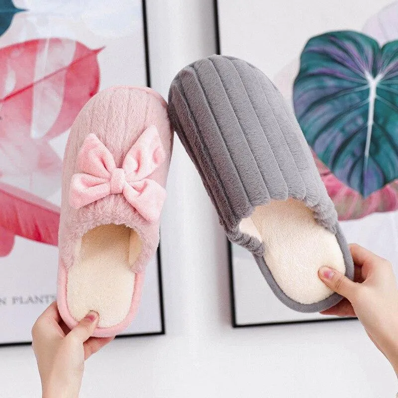 Autumn Winter Women's Cotton Thick-soled Fur Bow Indoor House Slippers