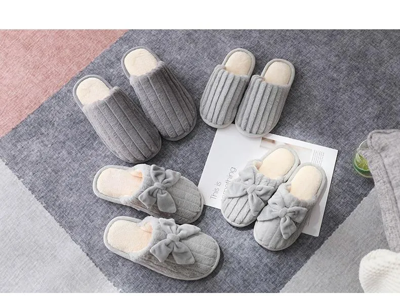 Autumn Winter Women's Cotton Thick-soled Fur Bow Indoor House Slippers