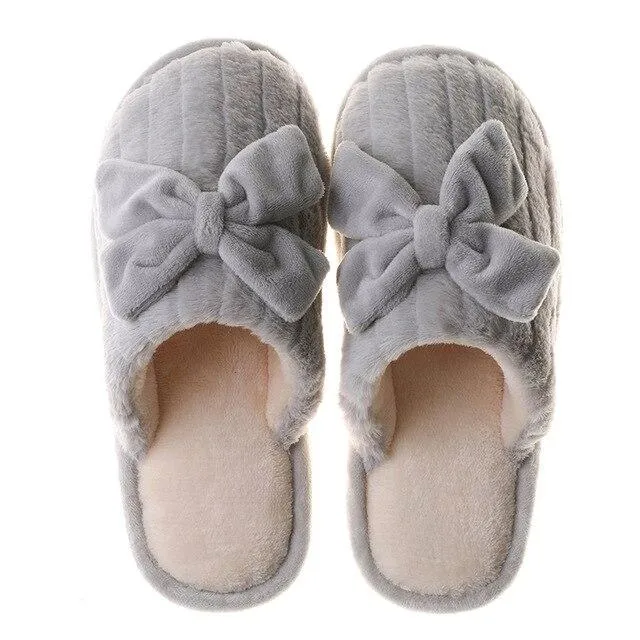 Autumn Winter Women's Cotton Thick-soled Fur Bow Indoor House Slippers