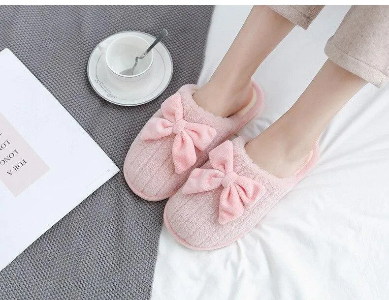 Autumn Winter Women's Cotton Thick-soled Fur Bow Indoor House Slippers
