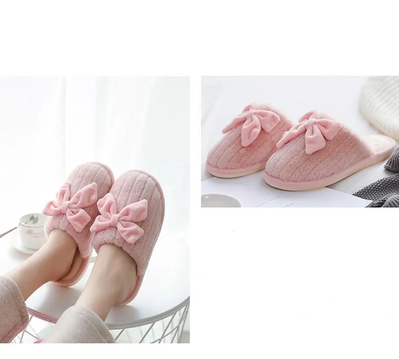 Autumn Winter Women's Cotton Thick-soled Fur Bow Indoor House Slippers