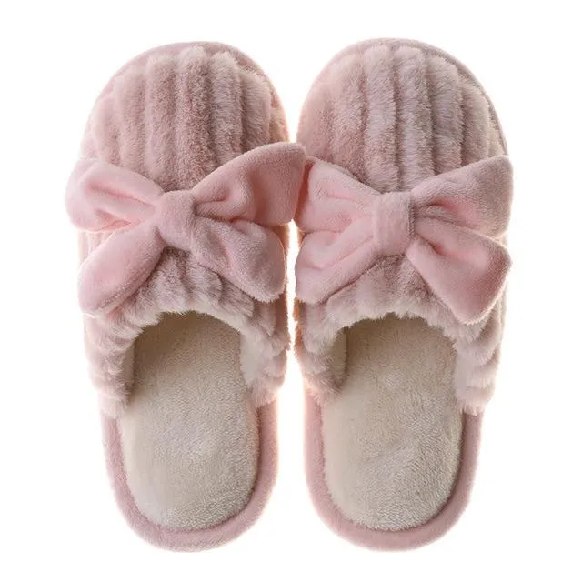 Autumn Winter Women's Cotton Thick-soled Fur Bow Indoor House Slippers