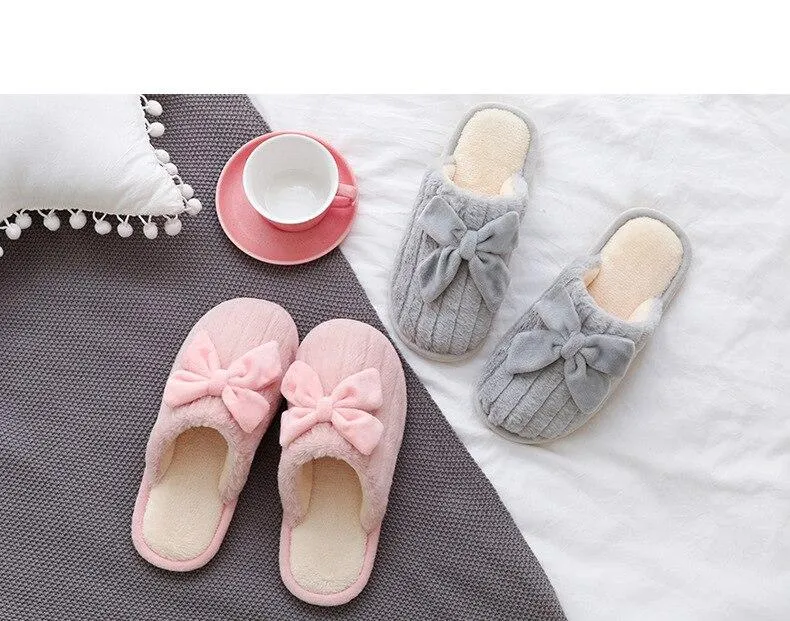 Autumn Winter Women's Cotton Thick-soled Fur Bow Indoor House Slippers