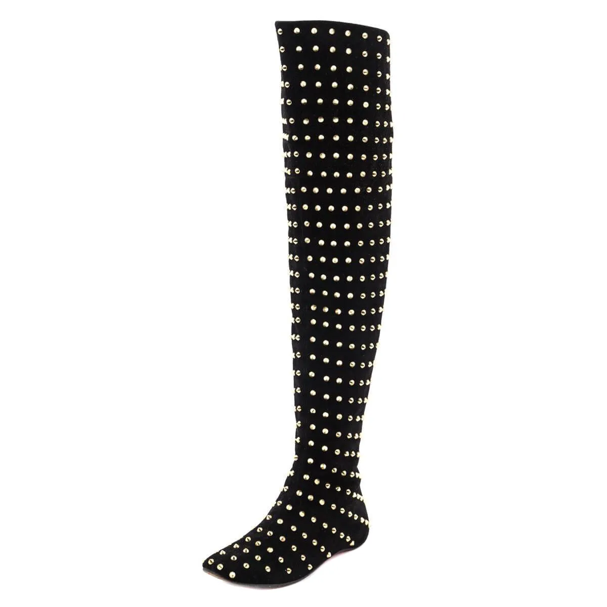 Christian Louboutin Black Suede Studded Over the Knee Flat Boots Size 7 | EU 37