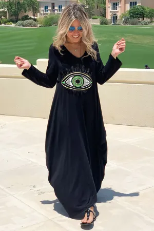 Evil Eye Long V-Neck Cotton Dress - Black