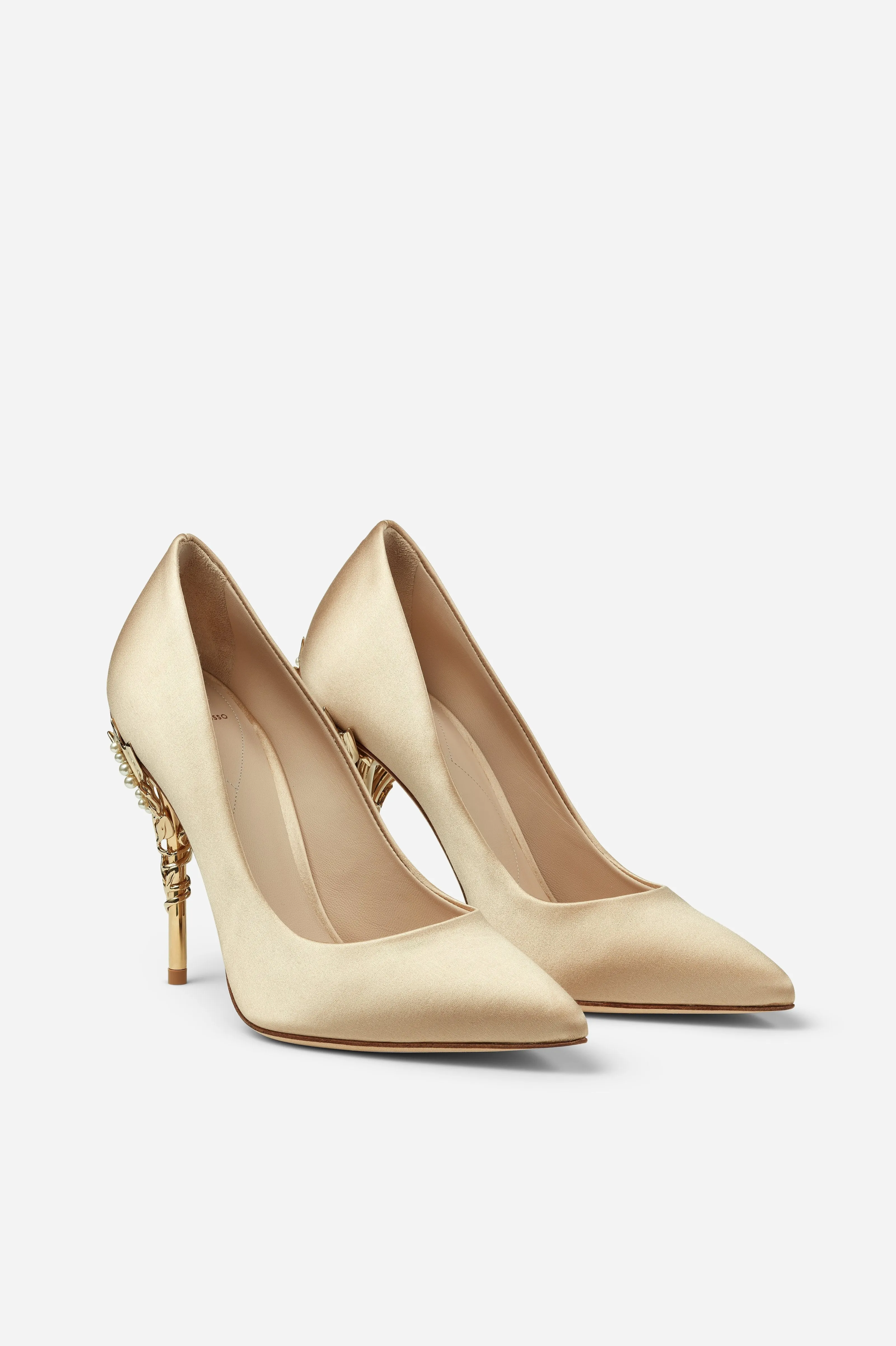 Gold Satin Eden Heels with Pearl and Gold Leaves
