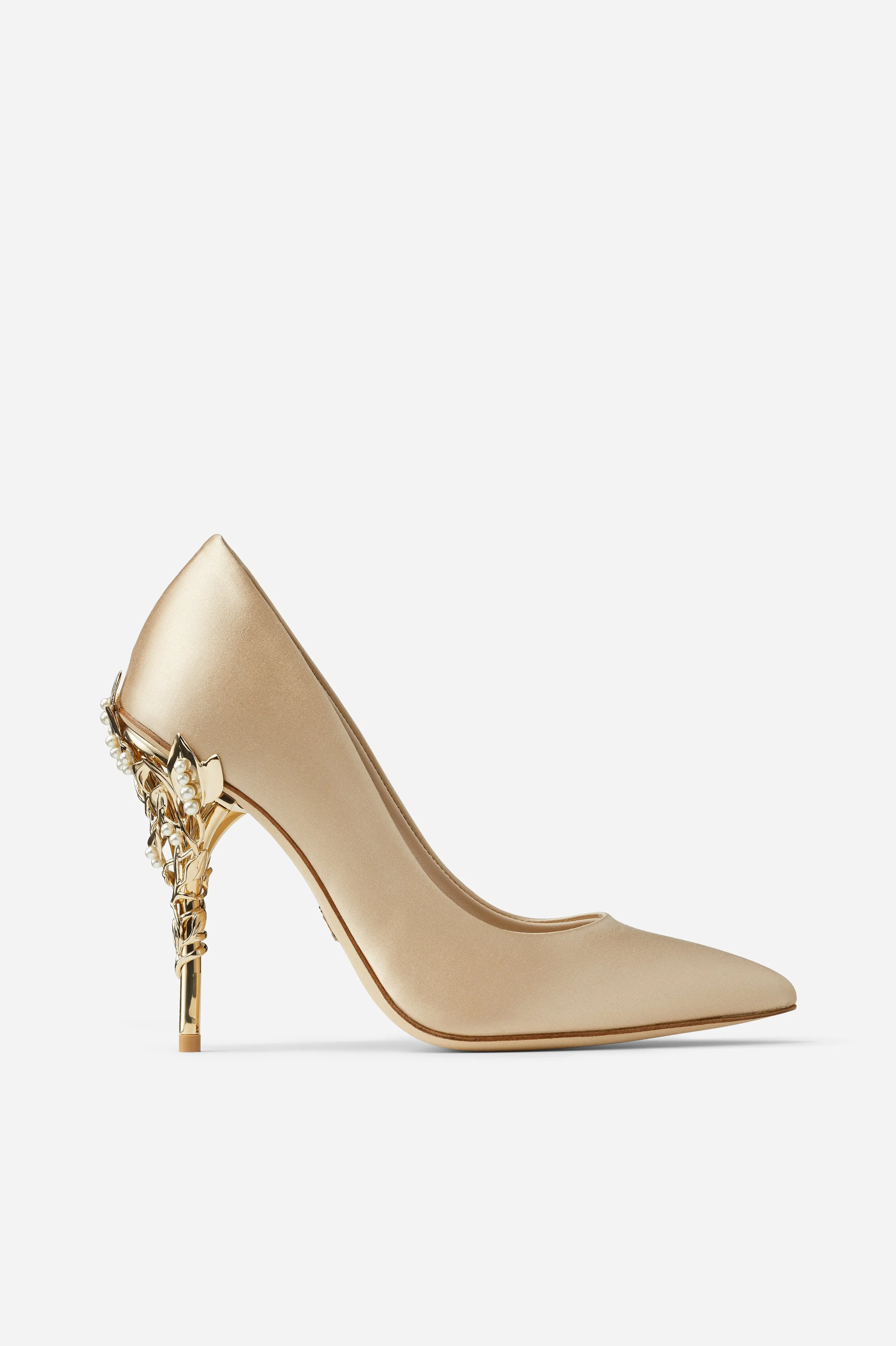 Gold Satin Eden Heels with Pearl and Gold Leaves