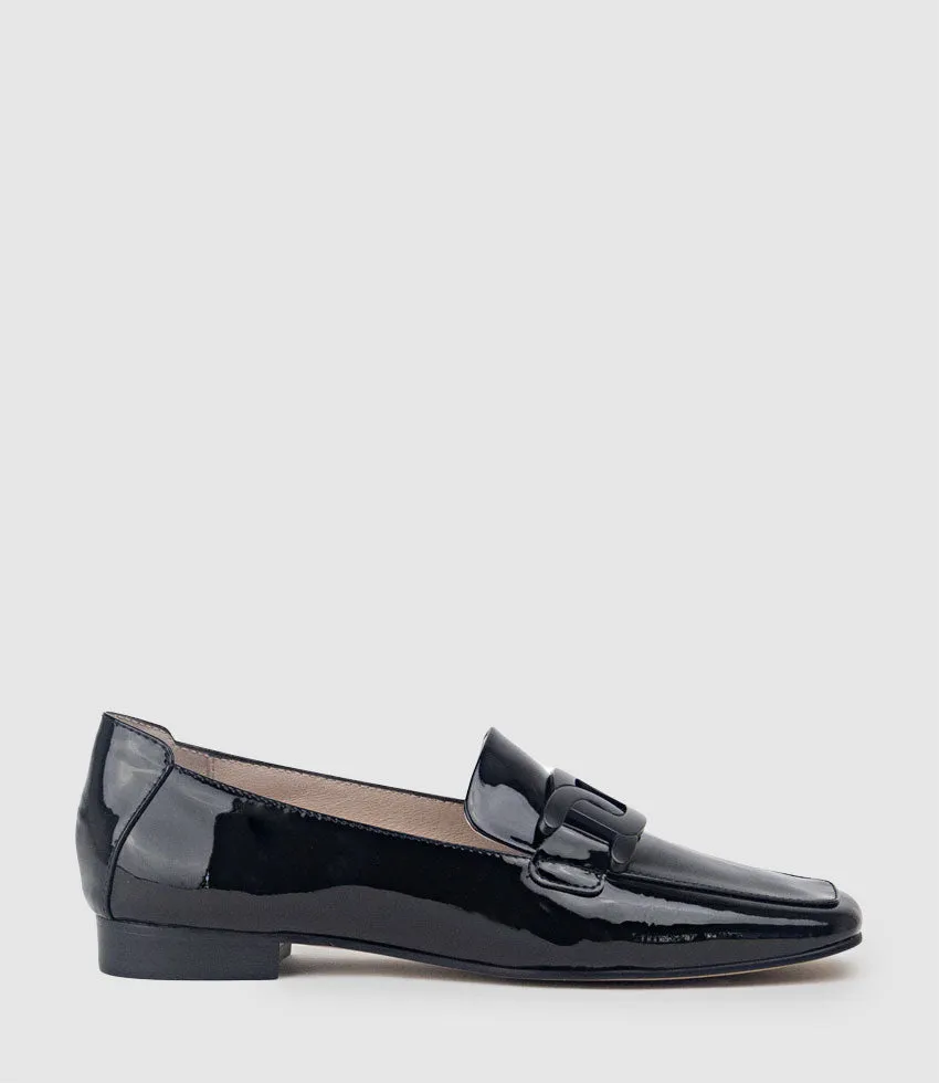 GRADY Moccasin with Hardware in Black Patent
