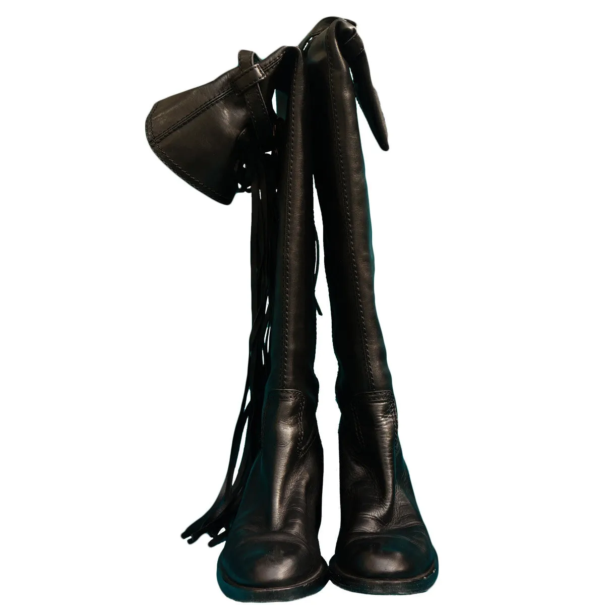 GUCCI BLACK LEATHER KNEE HIGH RIDING BOOTS WITH TASSELS