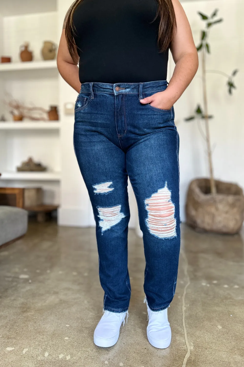 Judy Blue Full Size High Waist Rigid Magic Heavy Destroy Straight Denim Jeans