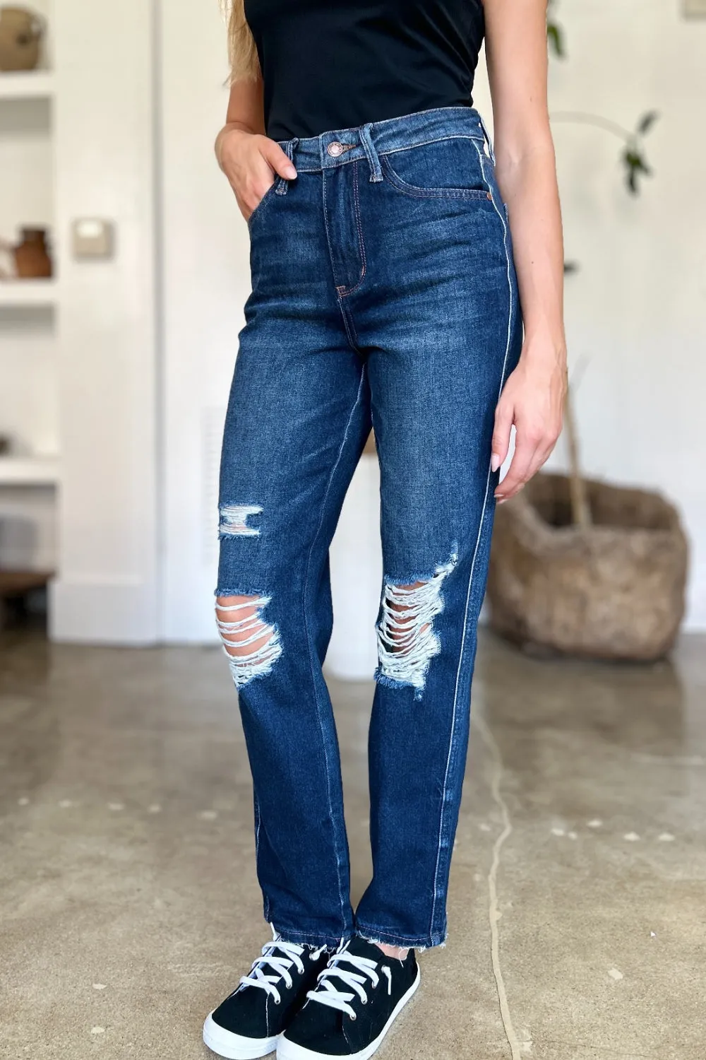 Judy Blue Full Size High Waist Rigid Magic Heavy Destroy Straight Denim Jeans