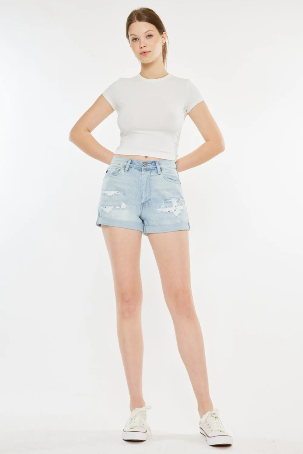 Kancan High Rise Repaired Mom Bandana & Denim Shorts