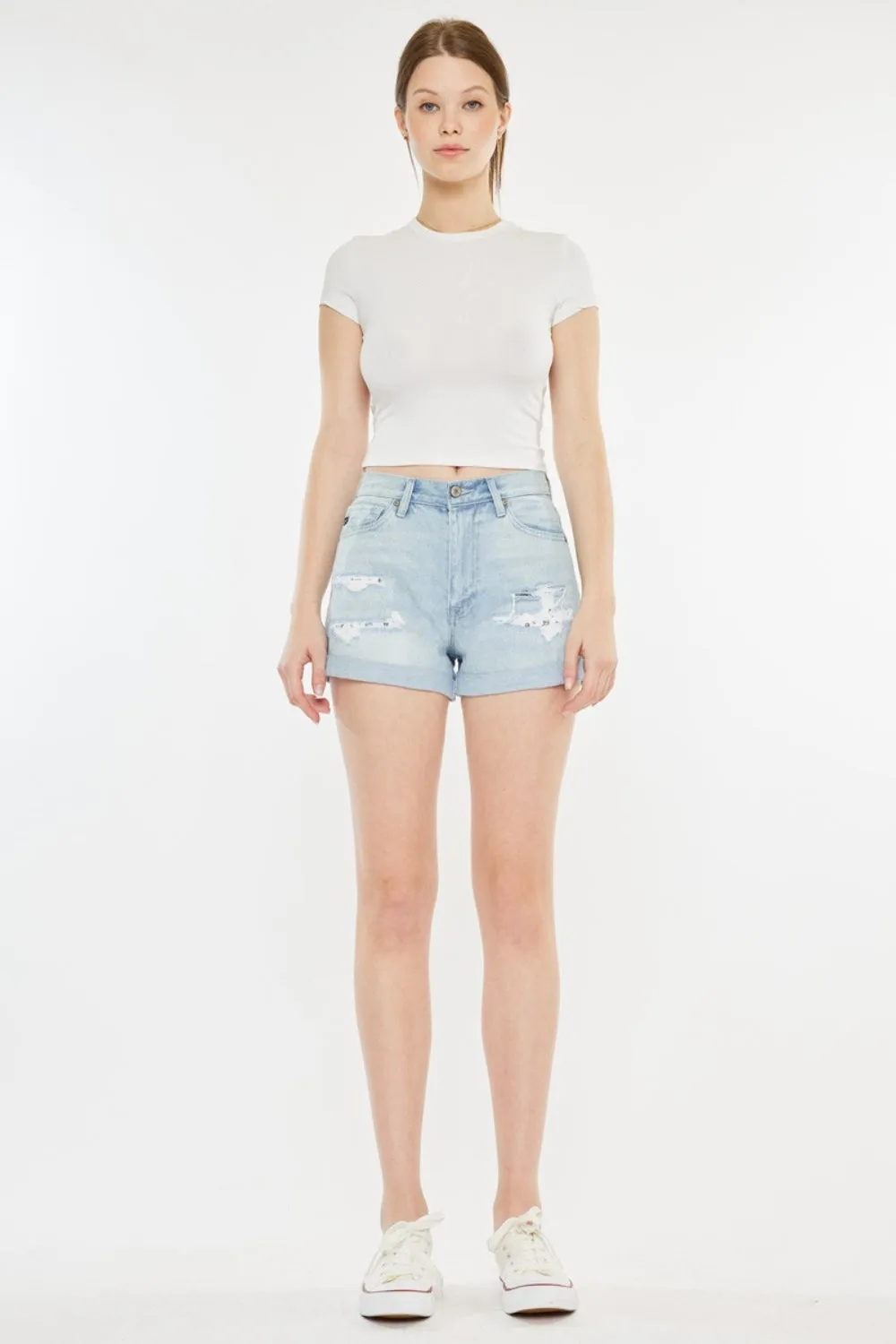 Kancan High Rise Repaired Mom Bandana & Denim Shorts