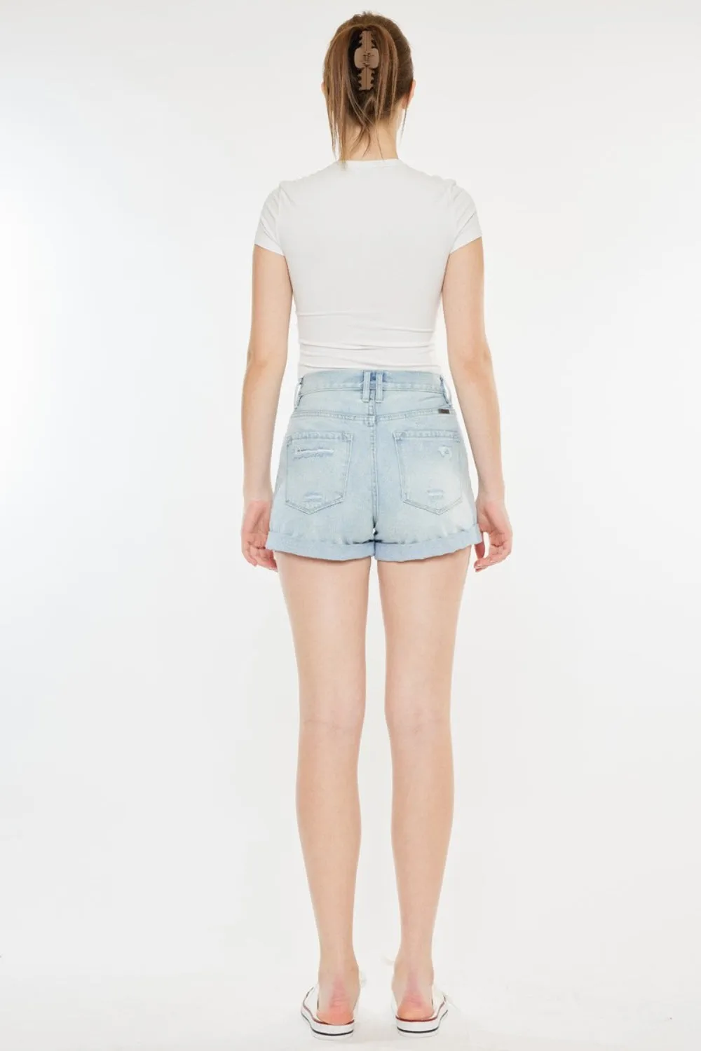 Kancan High Rise Repaired Mom Bandana & Denim Shorts