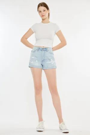 Kancan High Rise Repaired Mom Bandana & Denim Shorts