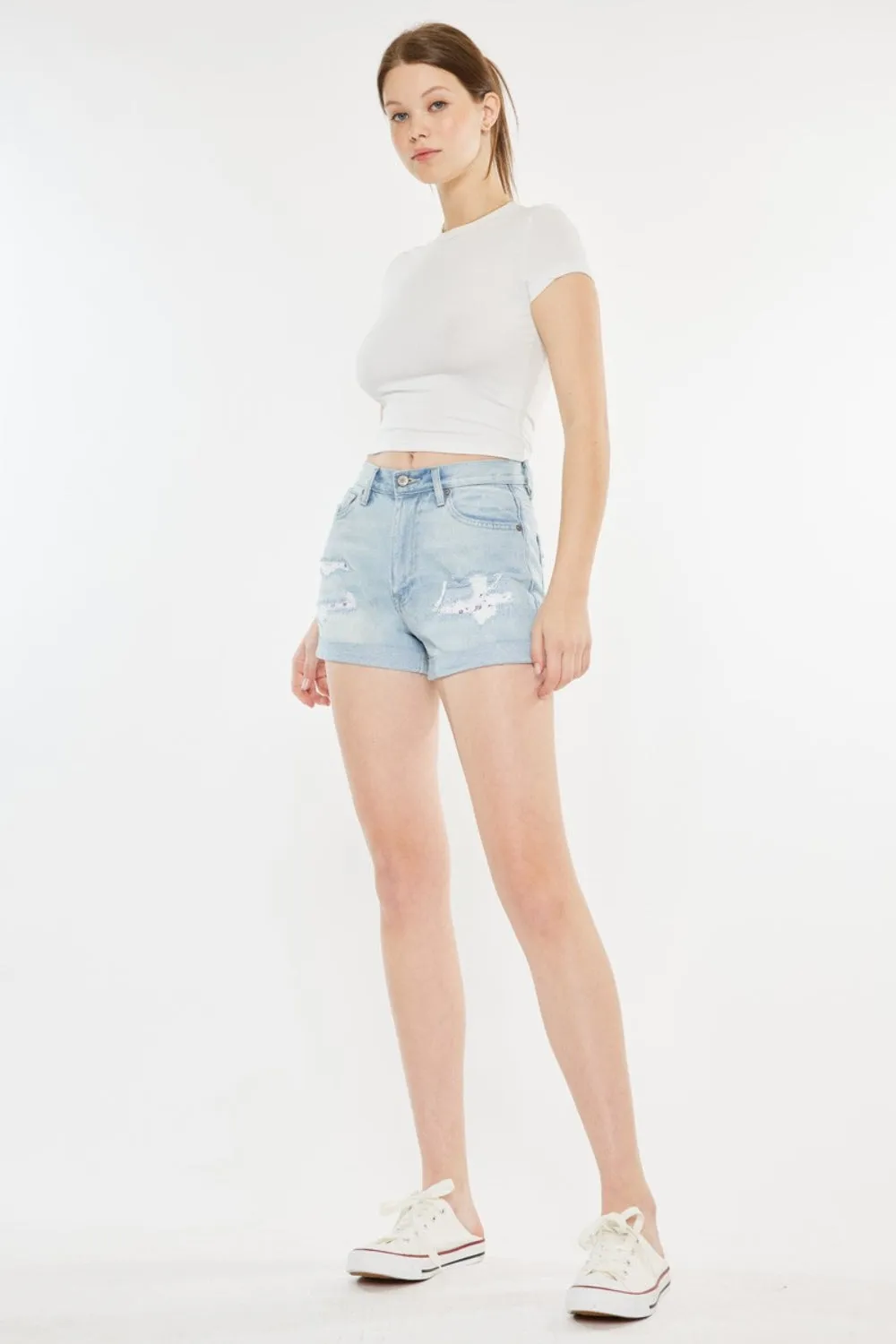 Kancan High Rise Repaired Mom Bandana & Denim Shorts