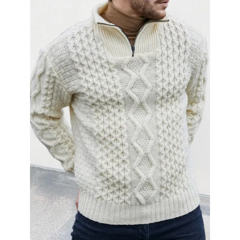 Mens Knit Sweater  Wool Blend  Cable Knit  High Neck Zip  Regular Fit Warm Wear