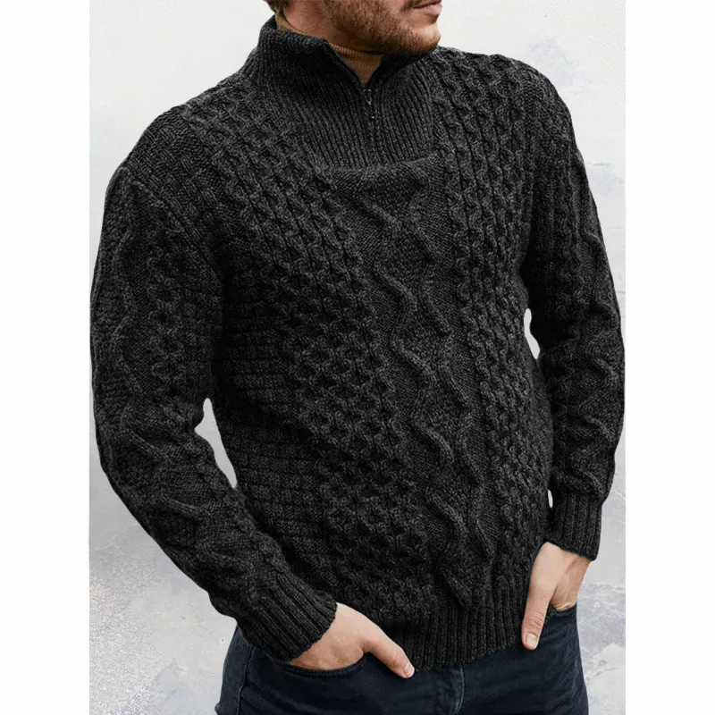 Mens Knit Sweater  Wool Blend  Cable Knit  High Neck Zip  Regular Fit Warm Wear