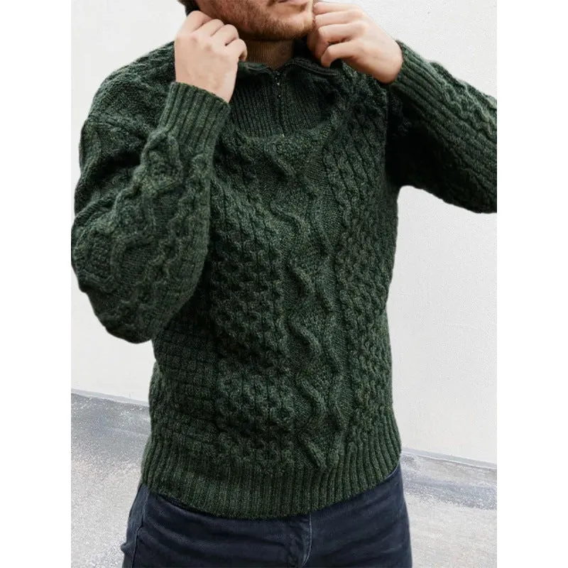 Mens Knit Sweater  Wool Blend  Cable Knit  High Neck Zip  Regular Fit Warm Wear