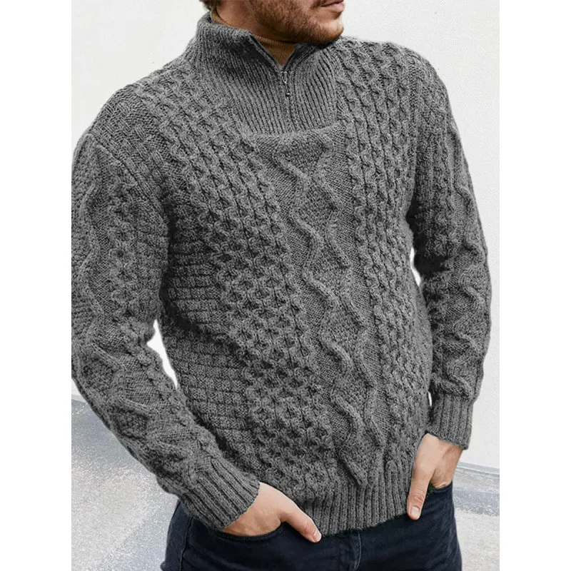 Mens Knit Sweater  Wool Blend  Cable Knit  High Neck Zip  Regular Fit Warm Wear