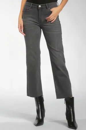 Mid Rise Grey Straight Leg Raw Hem Jeans
