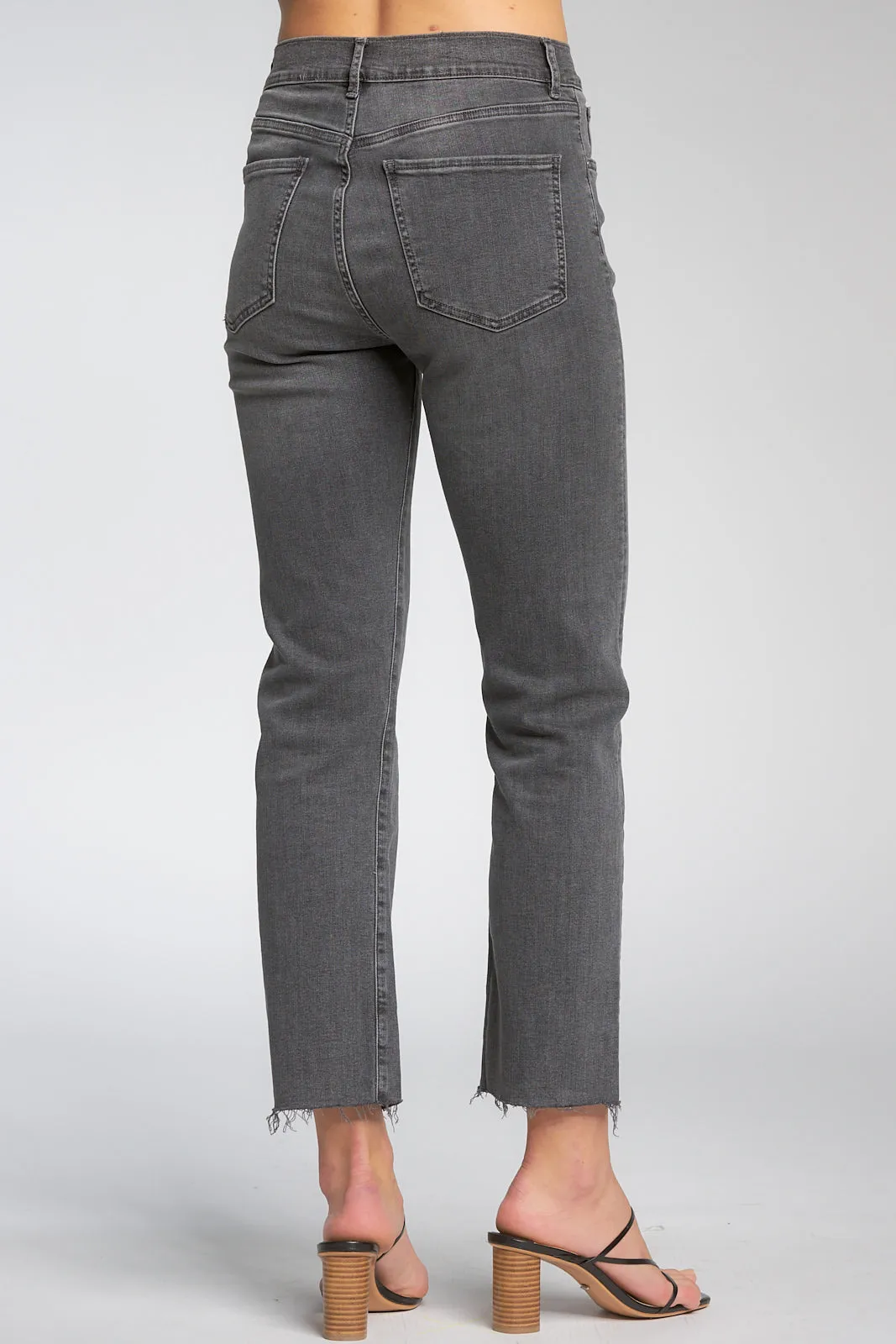 Mid Rise Grey Straight Leg Raw Hem Jeans