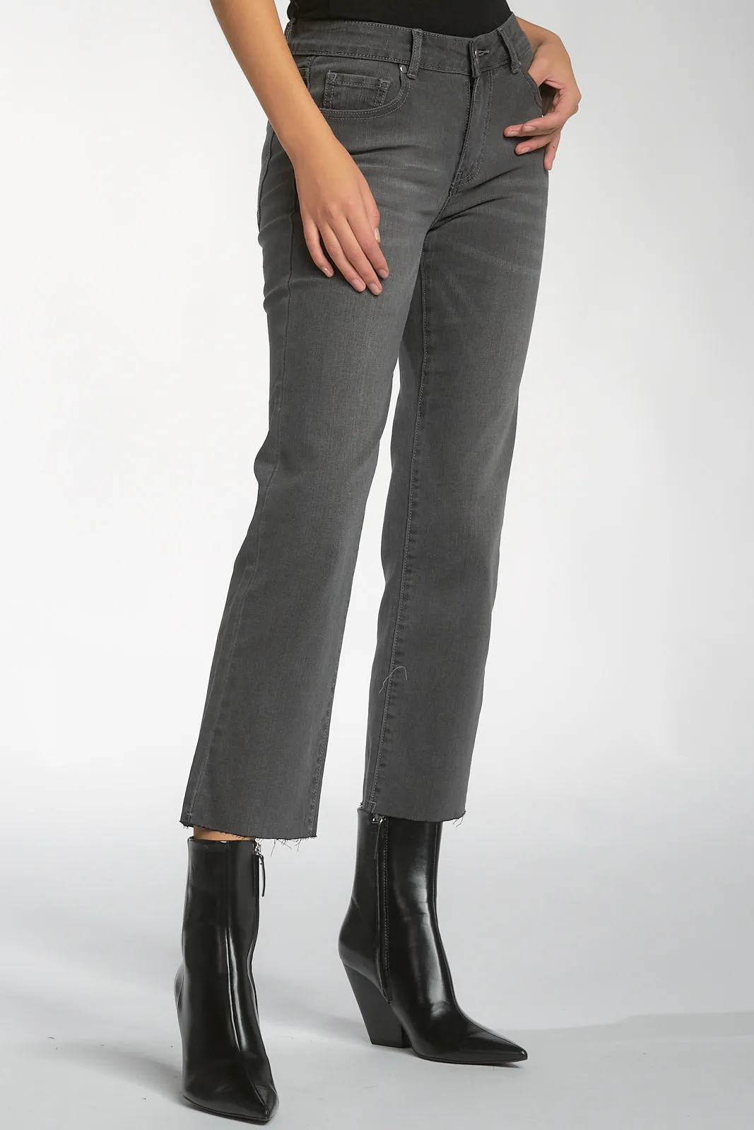 Mid Rise Grey Straight Leg Raw Hem Jeans