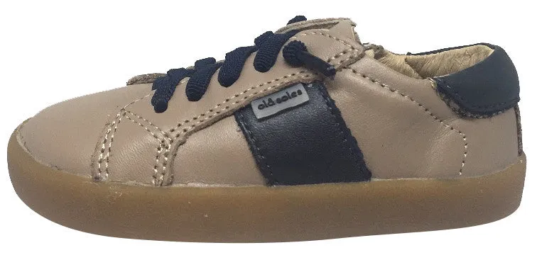 Old Soles Boy's and Girl's Legends Taupe Navy Leather Racer Stripe Elastic Lace Side Zipper Sneaker