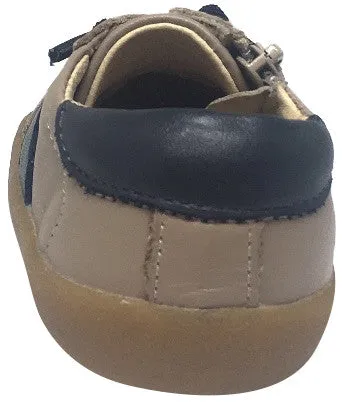 Old Soles Boy's and Girl's Legends Taupe Navy Leather Racer Stripe Elastic Lace Side Zipper Sneaker