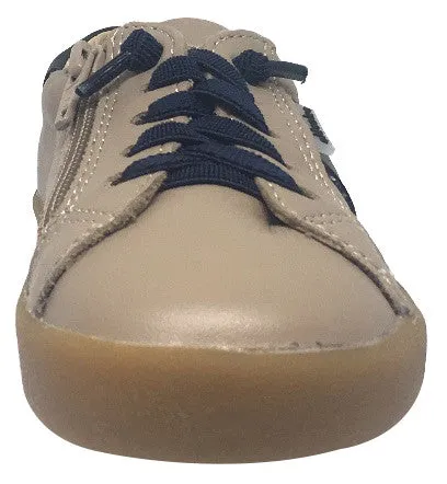 Old Soles Boy's and Girl's Legends Taupe Navy Leather Racer Stripe Elastic Lace Side Zipper Sneaker