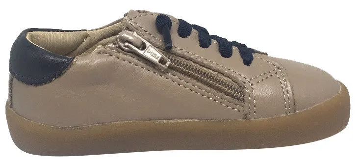Old Soles Boy's and Girl's Legends Taupe Navy Leather Racer Stripe Elastic Lace Side Zipper Sneaker