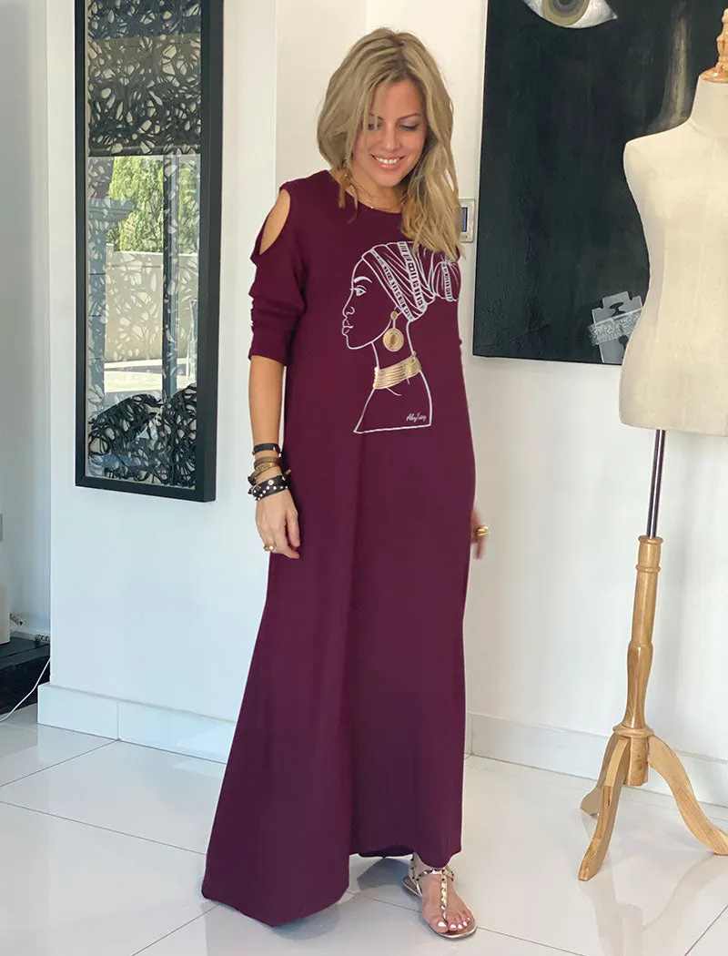 Peek A Boo Sleeves Round Neck Cotton Dress - Maroon / African Lady