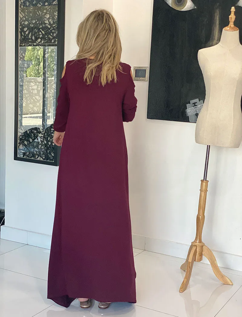 Peek A Boo Sleeves Round Neck Cotton Dress - Maroon / African Lady
