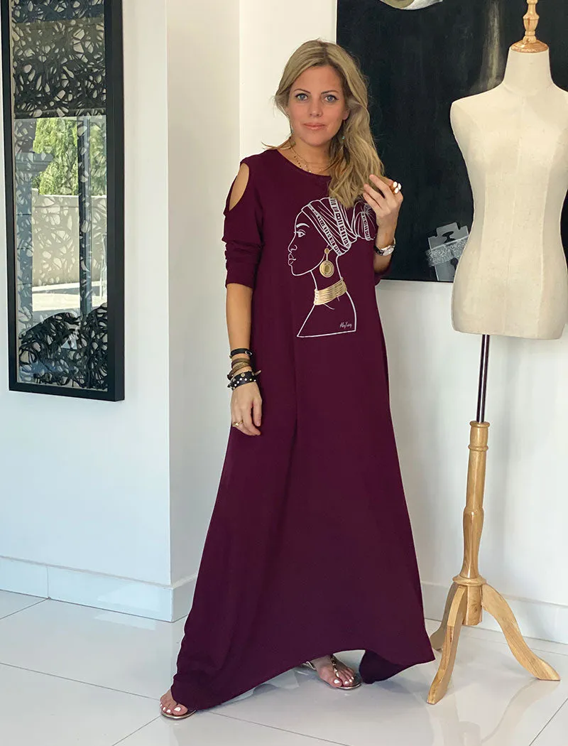 Peek A Boo Sleeves Round Neck Cotton Dress - Maroon / African Lady