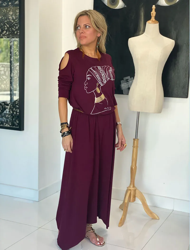 Peek A Boo Sleeves Round Neck Cotton Dress - Maroon / African Lady