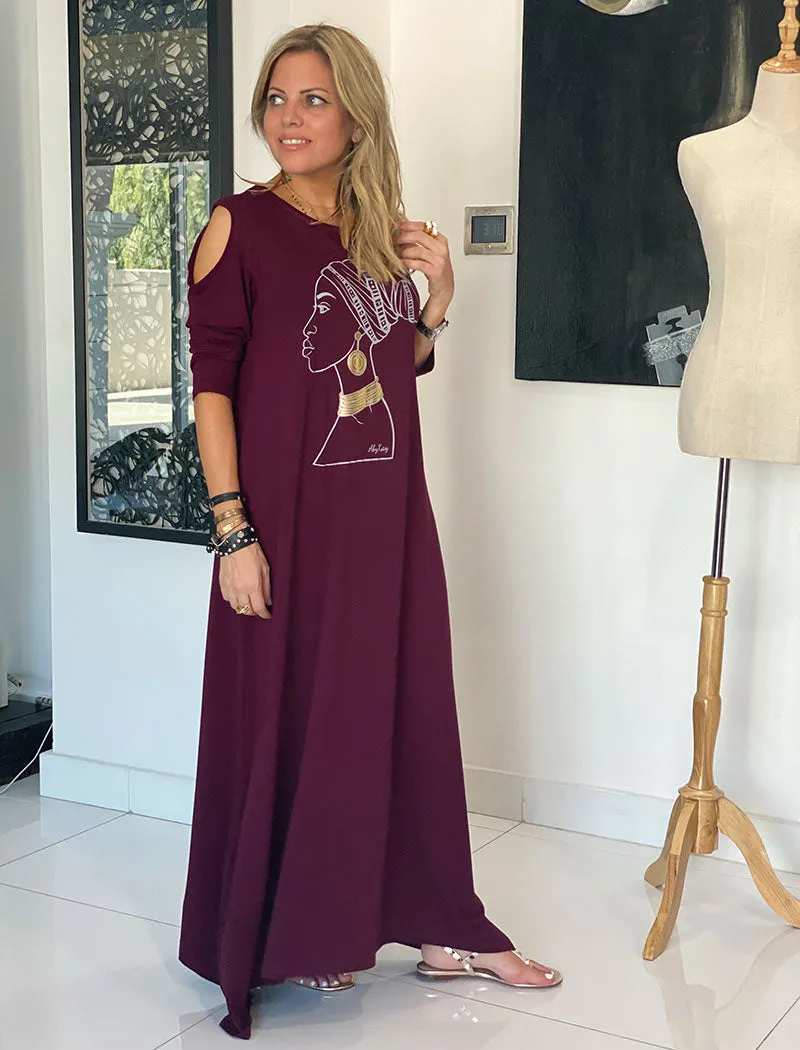 Peek A Boo Sleeves Round Neck Cotton Dress - Maroon / African Lady