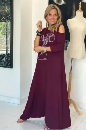 Peek A Boo Sleeves Round Neck Cotton Dress - Maroon / African Lady