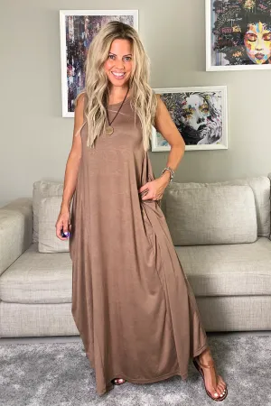 Sleeveless Round Neck Cotton Maxi Dress - Mocha
