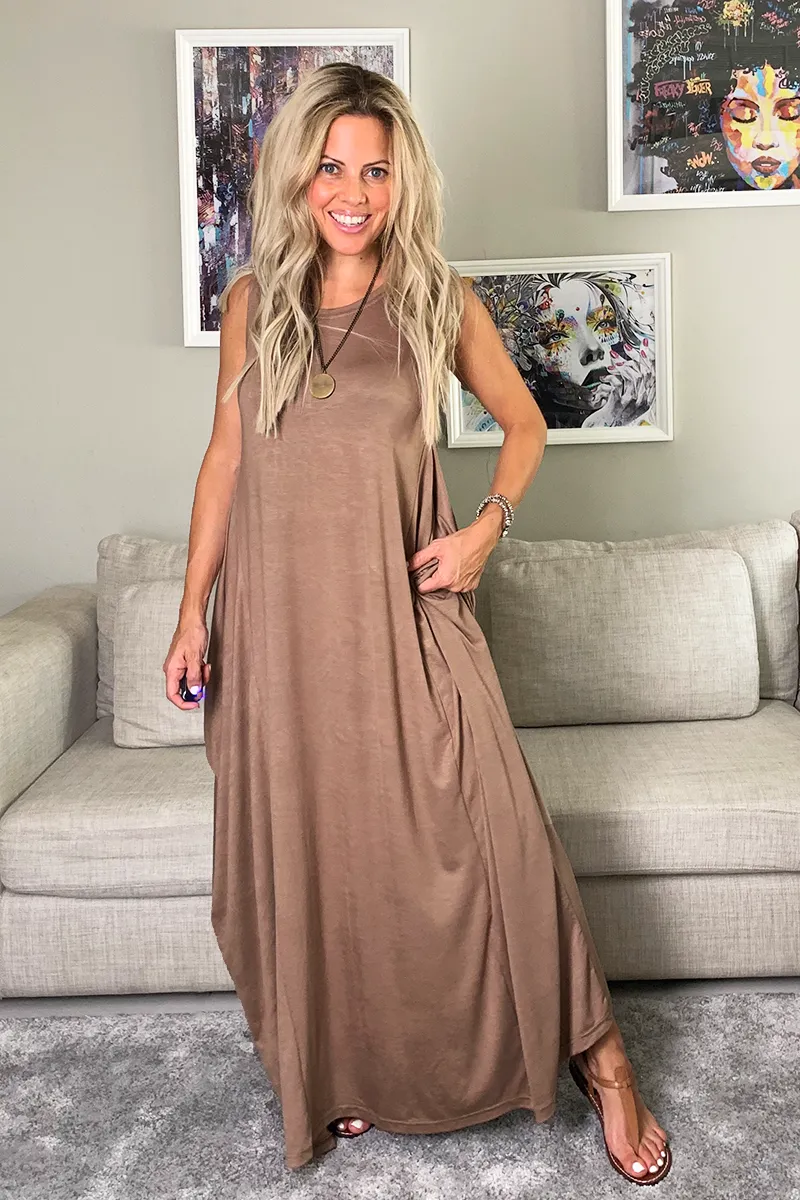 Sleeveless Round Neck Cotton Maxi Dress - Mocha