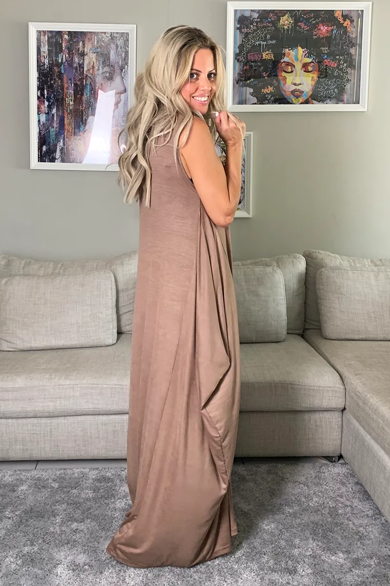 Sleeveless Round Neck Cotton Maxi Dress - Mocha