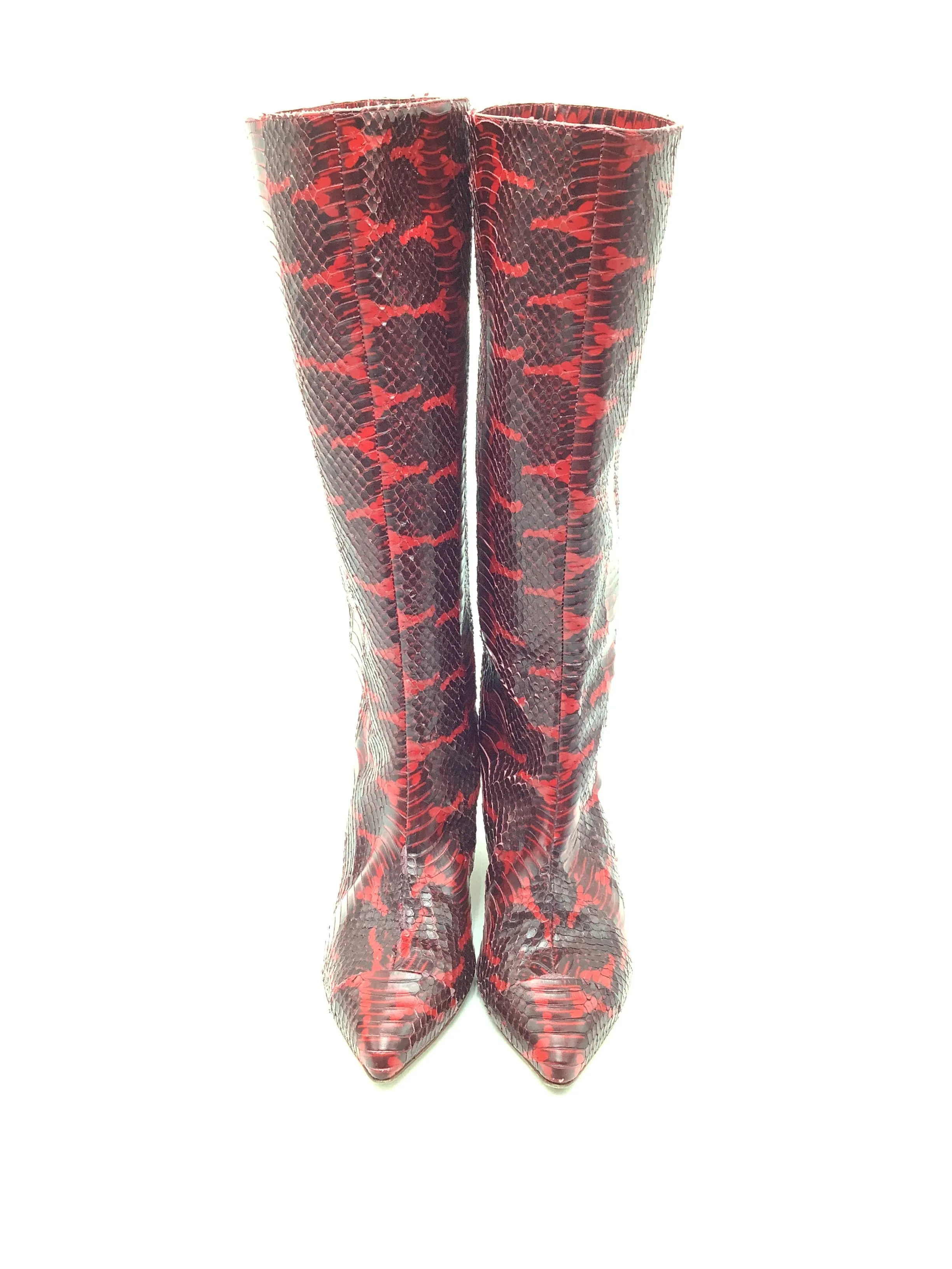 tibi Women's Boots Leather Mid Calf Red Black Animal Print Size: 6.5