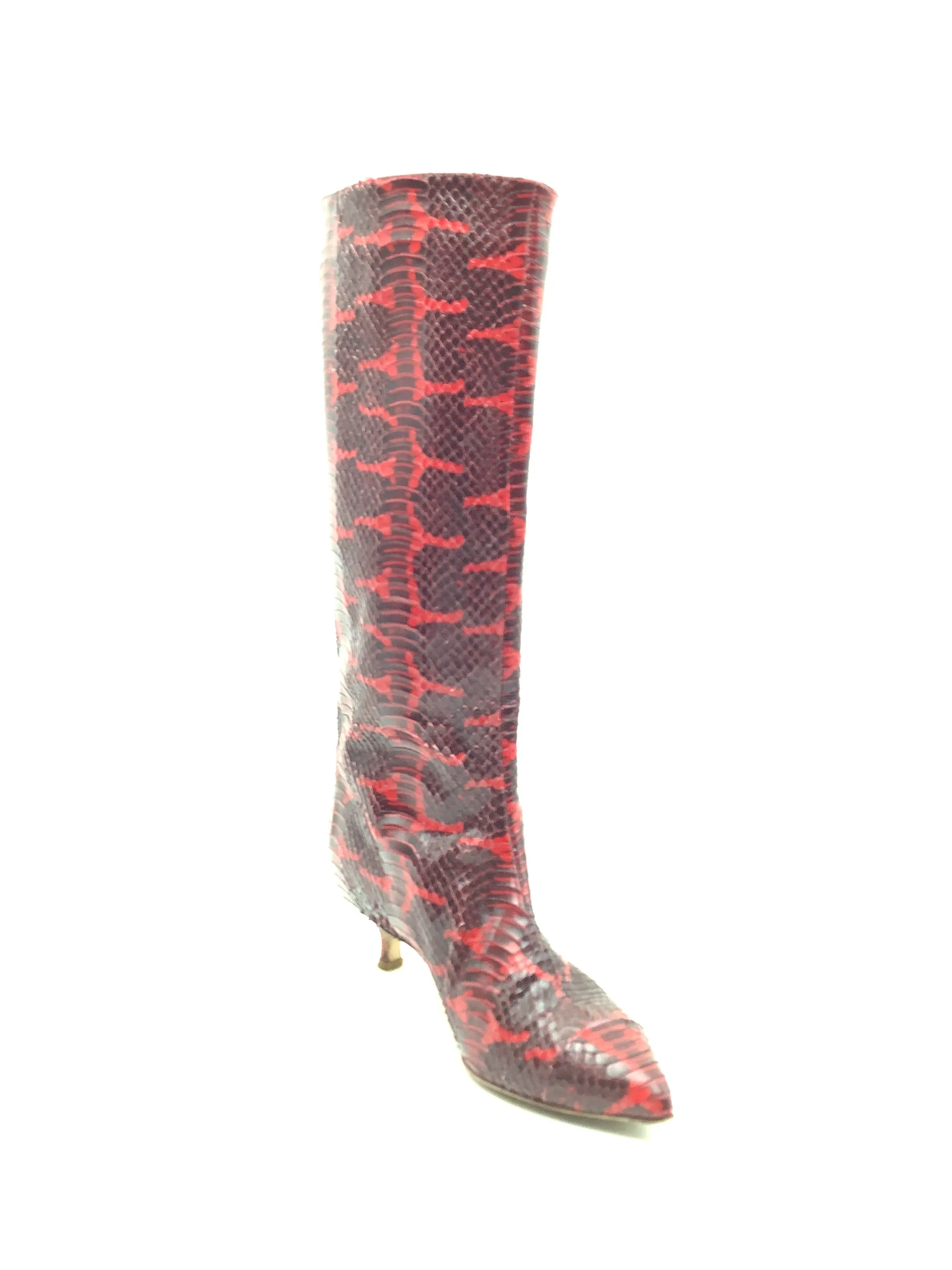 tibi Women's Boots Leather Mid Calf Red Black Animal Print Size: 6.5