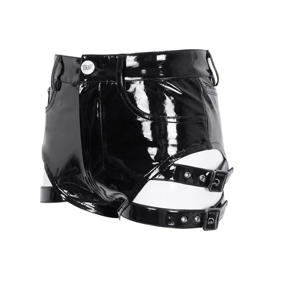 US SALE of Women's High-Waisted Faux Leather Shorts with Buckles