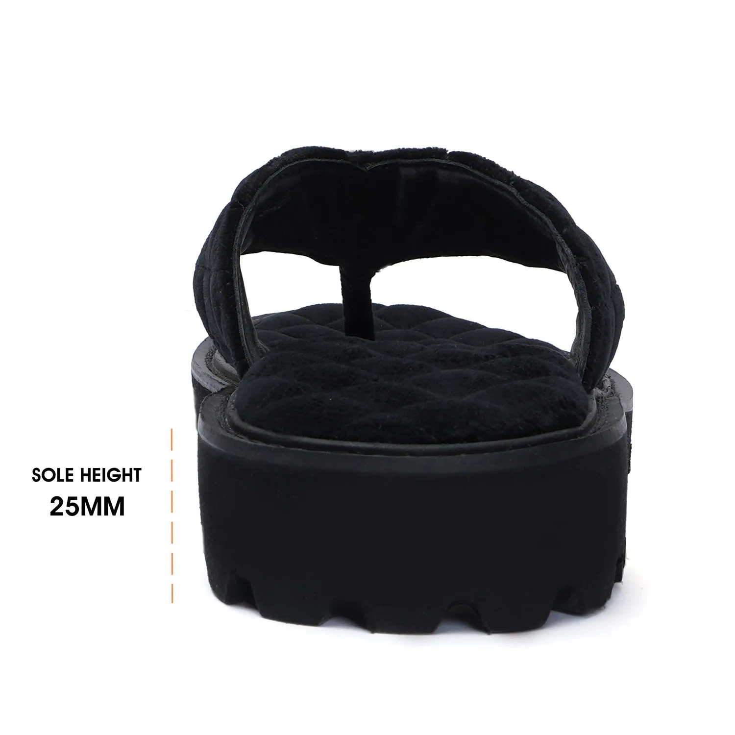 V-Strap Chunky Sole Slipper in Black Italian Velvet